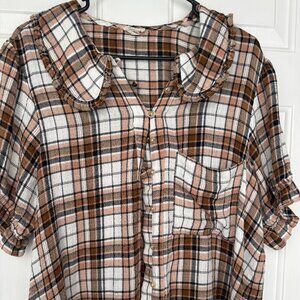 Brown Cream & Tan Plaid "Keira" Peter Pan Collar Button-Up Top (XL) Pilcro